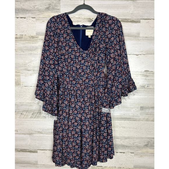 ModCloth women's XLBoho Blue Red Paisley Bluebells Fit & Flare mini Dress bell - Picture 2 of 7